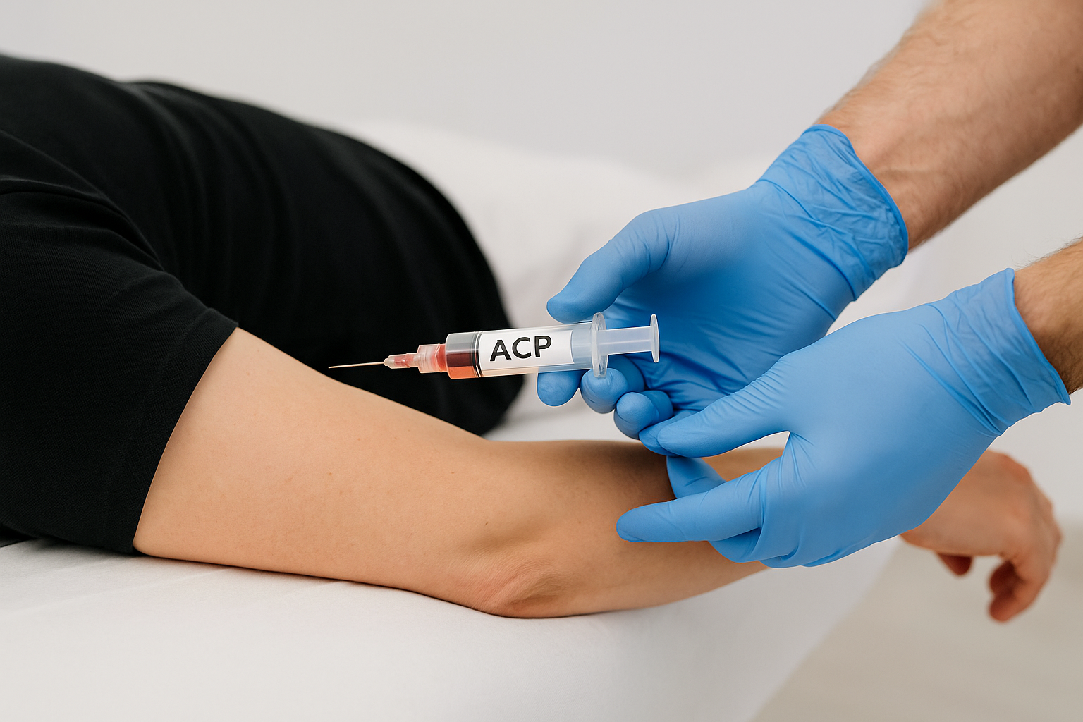 Eigenblutbehandlung mit ACP-Spritze zur Therapie am Arm eines Patienten