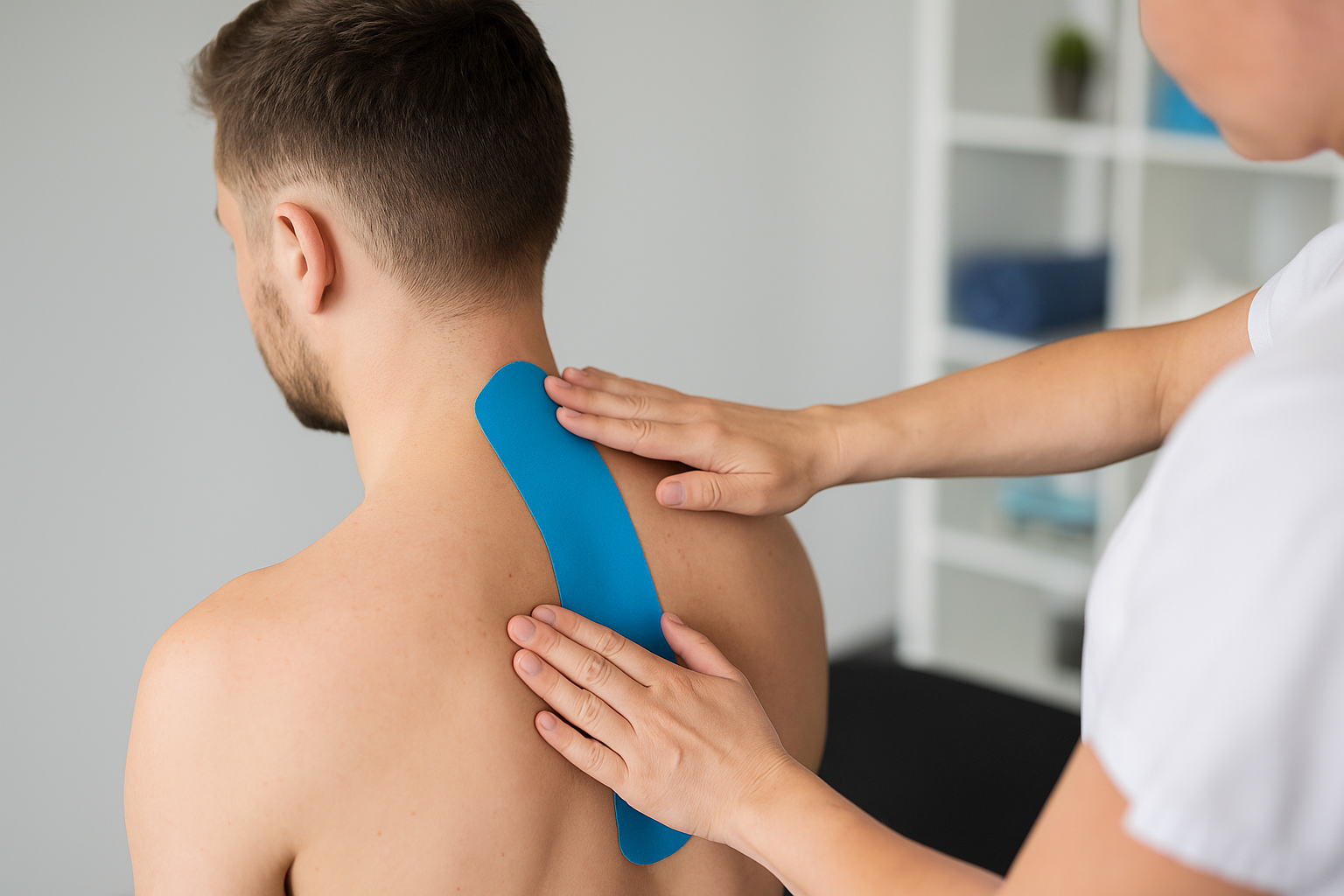 Physikalische Therapie mit Kinesio-Tape am oberen Rücken eines Patienten