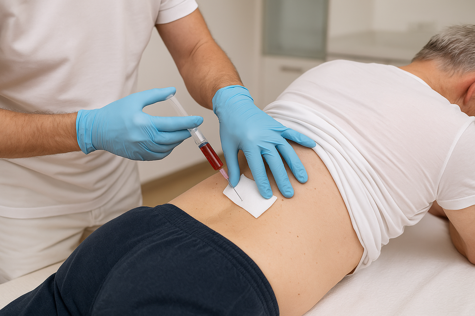 Stammzellentherapie mit Injektion im Bereich der Lendenwirbelsäule bei einem Patienten
